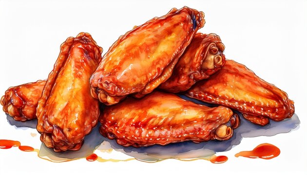 watercolor glazed fried chicken wings showing whole flats and drumettes arranged in stacks and patterns isolated on white background
