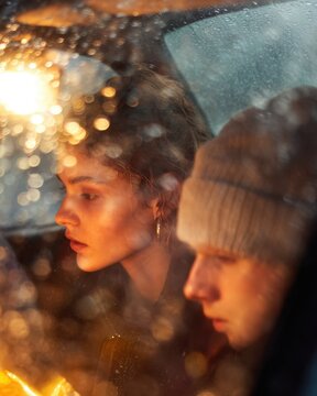 Moody portrait of two people seen through a rain covered window with bokeh lights for editorial background and design