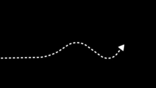 Dotted wave arrow path. Curved navigation direction line.drawn movement indicator animated icon with black background