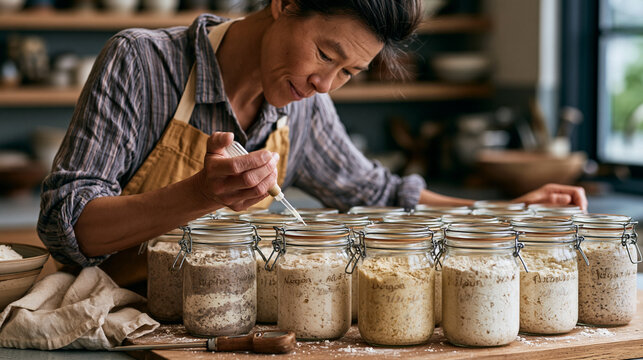Sourdough obsessive arranges fifteen starter jars across a kitchen counter each labeled with a different flour variety and origin date using a pipette to transfer culture samples