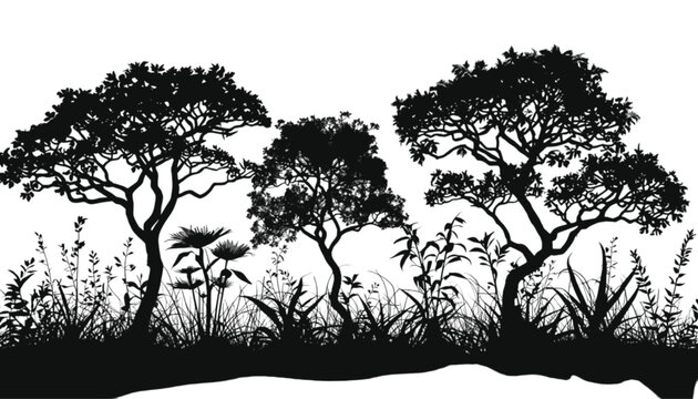 Trees standing amidst dense wild grasses create a layered landscape silhouette that evokes a sense of untamed wilderness, providing a versatile visual resource for environmental or outdoor design.