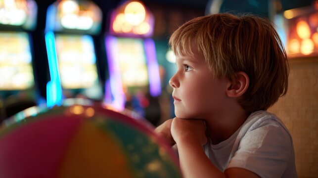 Child at bowling alley looking thoughtful against neon arcade lights for family leisure poster background and design