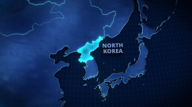3D digital map animation highlighting North Korea with a glowing neon effect, ideal for geopolitical news broadcasts and international affairs documentaries.
