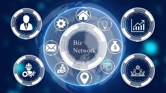 Digital interface with a central biz network text surrounded by circular representing global business management and technology connectivity