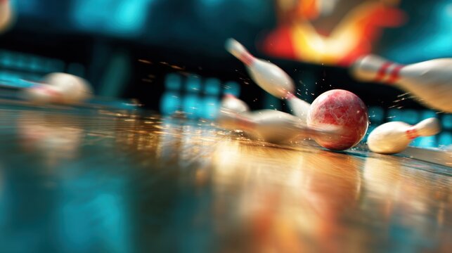 Dynamic bowling strike closeup with red ball and flying pins for sports banner background and action poster design