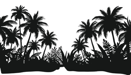 Fototapeta premium Palm trees create a dense tropical jungle silhouette that frames the upper and lower edges of the composition, providing an exotic atmosphere suitable for summer themes or travel-related marketing.