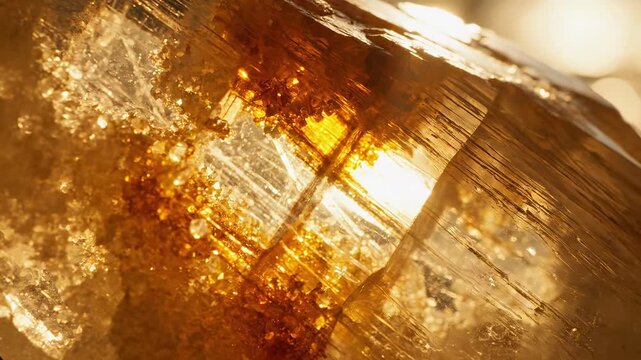 Macro view of amber crystal texture. Extreme close-up of golden mineral stone. Abstract geology background