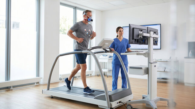 Male patient exercises on a treadmill while a female doctor monitors vitals during a cardiac stress test in a modern clinic. Professional commercial medical stock photos.