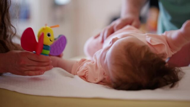 A baby lies comfortably while watching a colorful toy, and doing mobility exercises with a caregiver