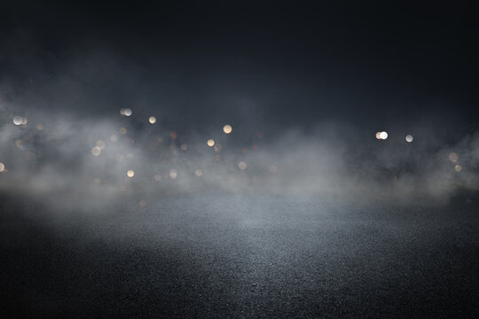  Black background of empty spotlight illuminatet asphalt Stadium Arena, smoke