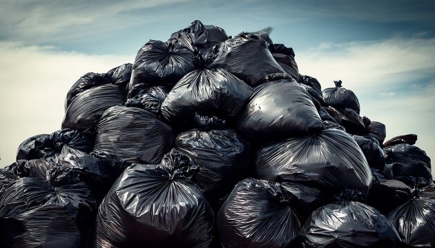 a overflowing pile of various sized black trash bags municipal waste pollution