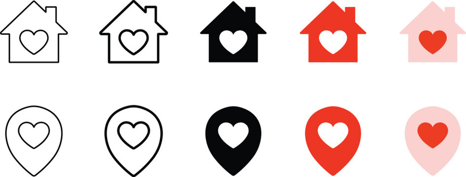Home and Location Pin with Heart Icon Set, Favorite Place and House Love Symbol, Real Estate and Destination Map Pointer. Clean Heart Location Concept Pictogram for UI Design, Vector Illustration.