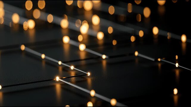 Small bright lights appear on a dark surface creating patterns as they reflect and move in late evening hours indoors while shapes change.