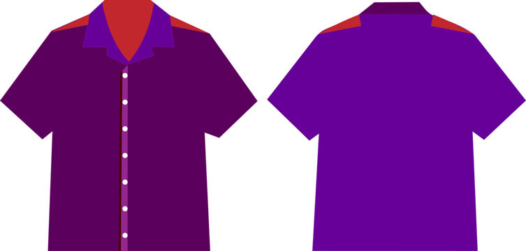 Professional purple short sleeve button up shirt vector illustration showing front and back views of the casual summer apparel design featuring a collar and red shoulder accents on white background