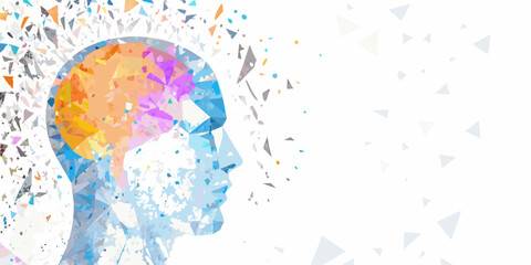 Polygonal human head silhouette with colorful fragmented details white background © Sourav