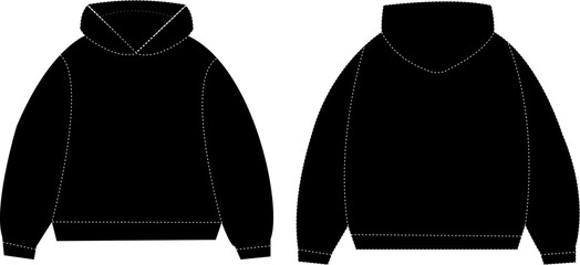 Black hoodie mockup vector, front and back view of oversized hooded sweatshirt, blank streetwear apparel template for clothing design © Rungprue