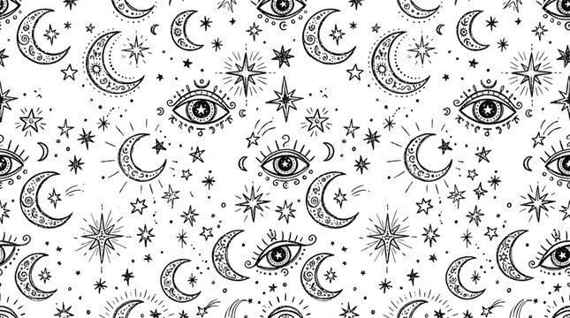 Seamless pattern with mystical eyes and crescent moons with stars in hand drawn black ink style