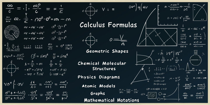 Chalkboard with scientific formulas geometric shapes and molecular structures