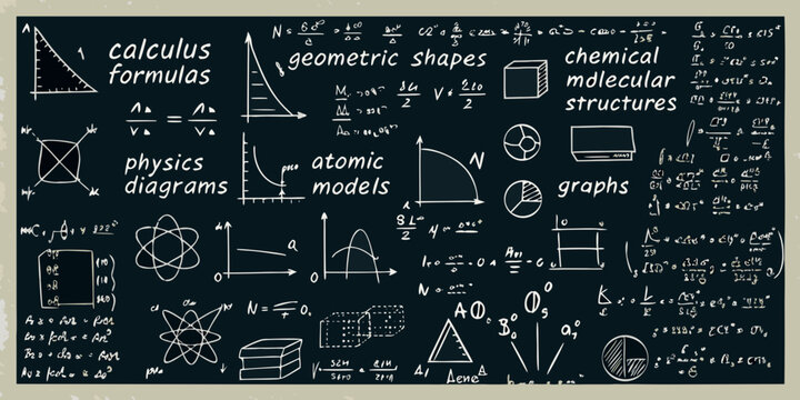 Chalkboard illustration of scientific formulas geometric shapes and molecular structures