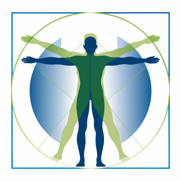Vitruvian Man Illustration With Overlapping Colors And Geometric Circles