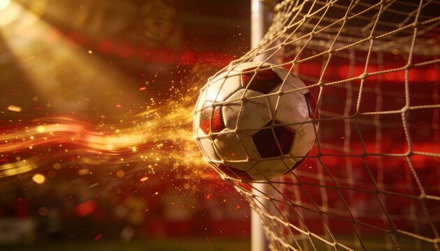 Goal Scored in Dramatic Fashion: A soccer ball bursts through the net in a shower of sparks and light, signifying a decisive goal scored amidst a roaring crowd.