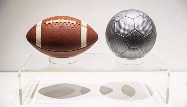 American Football and Soccer Ball on Display: A classic American football sits next to a modern soccer ball, presented on a clear acrylic stand, representing two popular global sports.