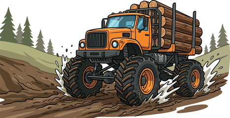 Heavy Logging Monster Truck Vector Illustration with Big Tires Splashing Mud Carrying Wood Timber Logs in Forest for Offroad Industrial Transport Designs © Vectorfair