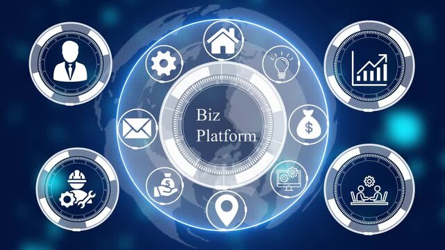 Digital interface with a central biz platform text surrounded by circular representing global business management and technology connectivity