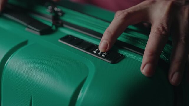 Human hands entering correct numeric combination on tsa approved lock to open green hardside suitcase, crucial security measure for protecting belongings during travel, close-up, slow motion.