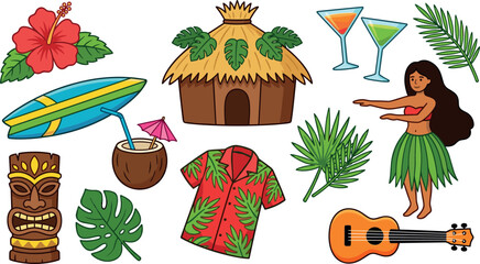 Polynesian tropical island travel icons collection featuring surfboard aloha shirt tiki statue exotic monstera foliage coconut cocktail ukulele and hula dancer cartoon vectors (23 words) © Sahabib
