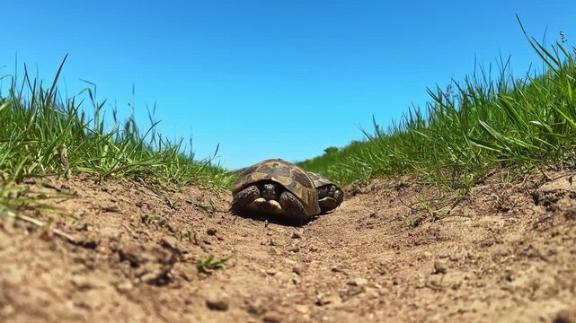 A turtle moves slowly along a dirt path surrounded by tall grass with a bright blue sky above. The scene is simple and shows nature in detail.