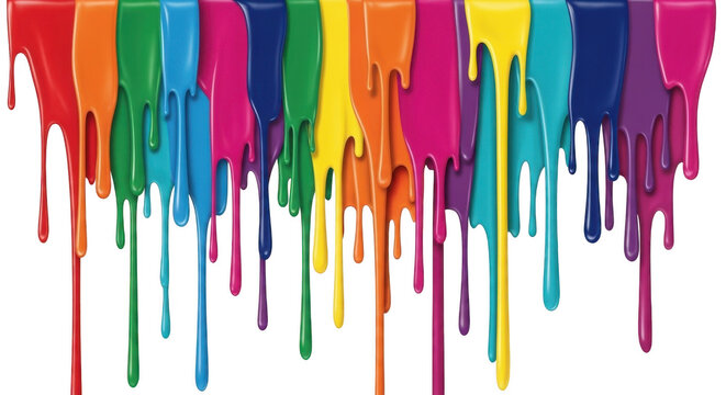 Vertical drips of vibrant rainbow paint flowing down against a solid black background, creating a colorful liquid texture pattern
