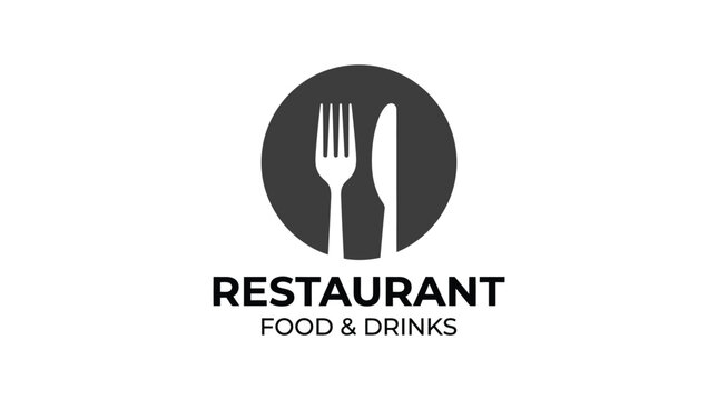 Minimalist vector illustration featuring a simple black circle with a dining fork and table knife
