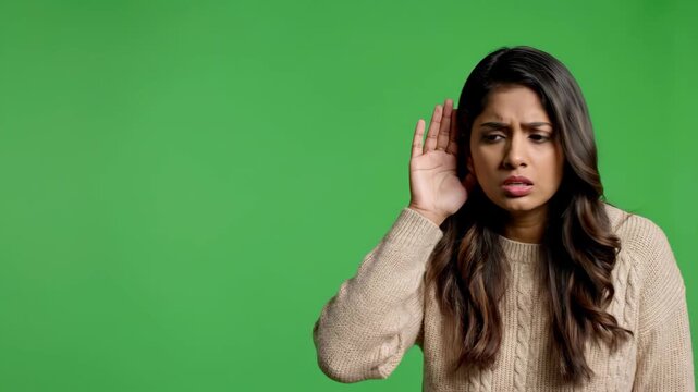 young indian woman holding hand near ear and listening carefully against green screen background. female eavesdropping secret. gossip, curiosity concept. communication issue, psychology presentation.