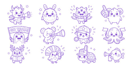Kawaii Sports Fan Monsters and Animals Set - Cute Line Art Cheering Characters Vector © Rusa