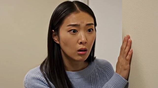 surprised asian woman peeking around corner with wide eyes and open mouth. shocked female face expression. girl eavesdropping or hiding behind wall. concept of fear, discovery, unexpected news.