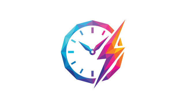 Vibrant colorful low poly vector clock illustration featuring a dynamic electric lightning bolt shape design element
