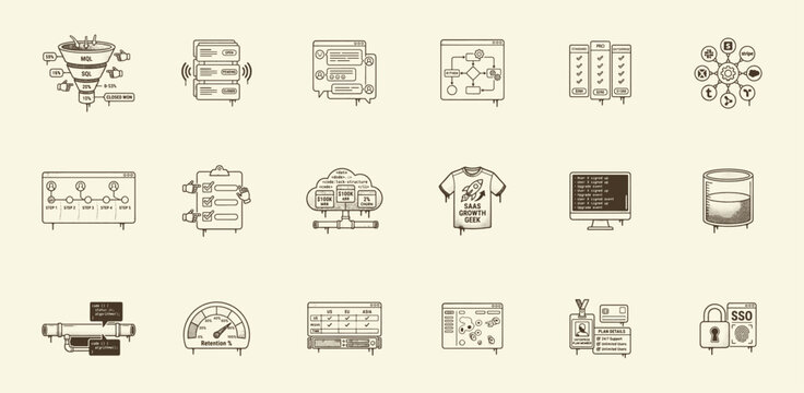 SaaS Growth and Business Technology Icon Set - Vintage Hand-Drawn Style