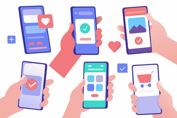 Smartphones Held In Hands Vector Illustration With App Interface Elements © Tarun