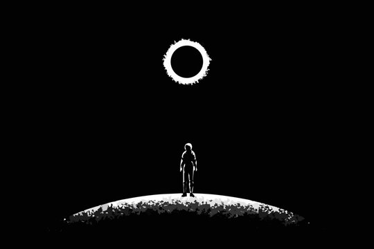 Astronaut Silhouette Gazing At Solar Eclipse Monochrome Illustration
