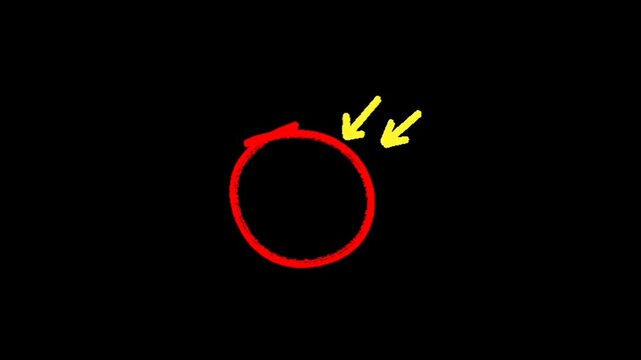 A red circle with two yellow arrows pointing to it on a black background