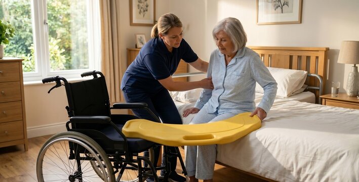 A compassionate caregiver assists an elderly woman with mobility challenges, gently helping her transition from a wheelchair to a bed using a transfer board in a cozy home setting.
