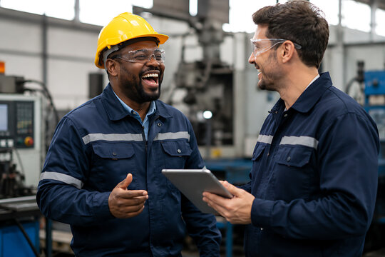 Diverse industrial engineers laughing in factory, happy mechanical technicians wearing safety gear and hard hat, professional workers using digital tablet isolated on White Background ai