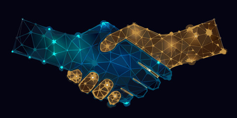 Polygonal Handshake Illustration With Blue And Gold Network Connections © Tarun