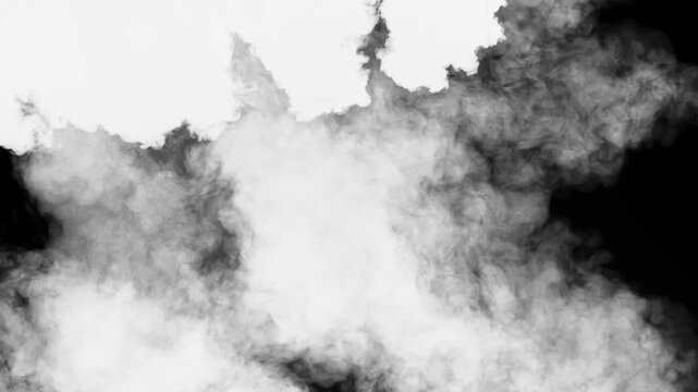 White ink injected into clear water on a black background, expanding into complex, smoke-like cloud patterns. Slow-motion footage for effects overlays, backgrounds, text transitions, or luma mattes.