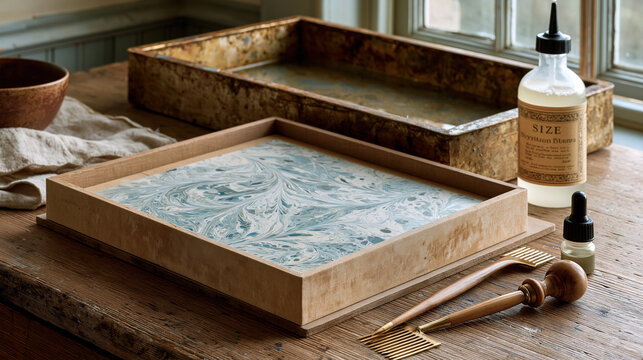 Paper marbling demonstration before and after panel showing a clean water bath tray beside a finished marbled endpaper sheet dried flat on a board, combs and stylus tools
