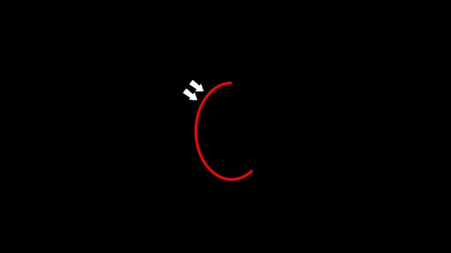 A red circle with two white arrows pointing to it on a black background