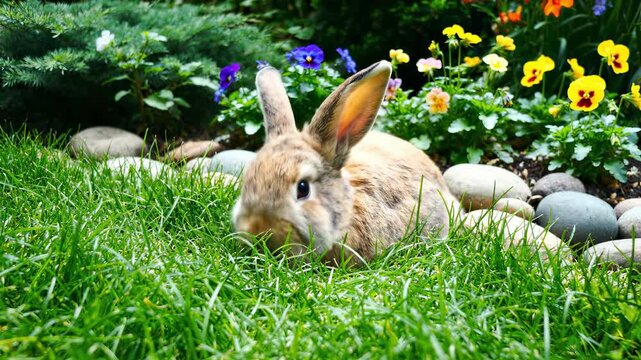 Cute rabbit eating grass in garden. Small bunny foraging among flowers and rocks. Spring animal wildlife