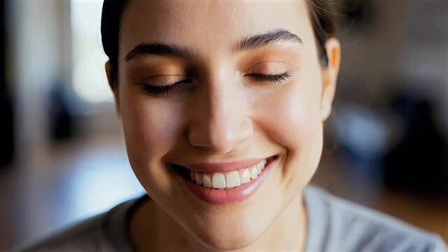 close-up portrait of smiling young woman looking at camera, natural beauty and positive emotion, soft light and shallow depth of field, friendly expression and human connection, lifestyle indoor scene