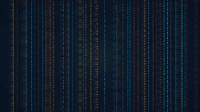 Digital binary code rain falling vertically on dark blue background for technology and data concepts
